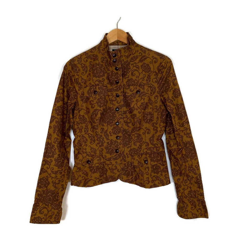 Peruvian Connection Sz 10 Fitted Blazer Jacket Cotton Pockets Brown Floral Boho